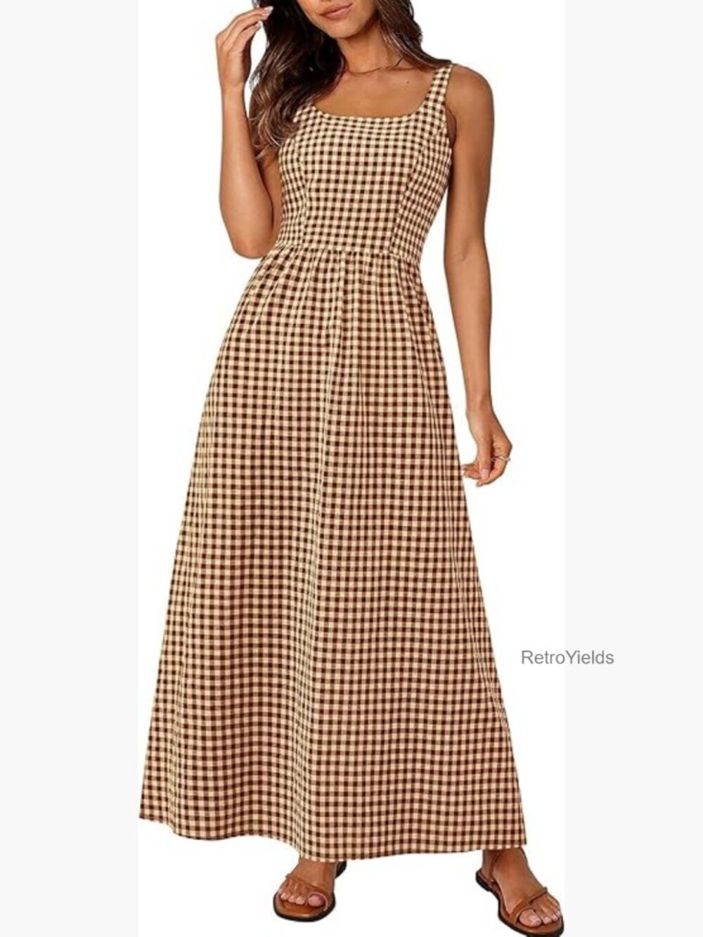 Spaghetti Strap Square Neck Maxi Dress Plaid A-Line Smocked Back Pockets
